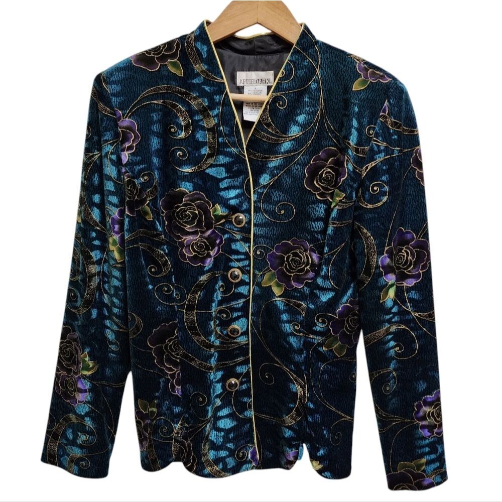 After Dark Womens Blue Purple Floral Gold Metallic Button Velvet Blazer 8 Vtg